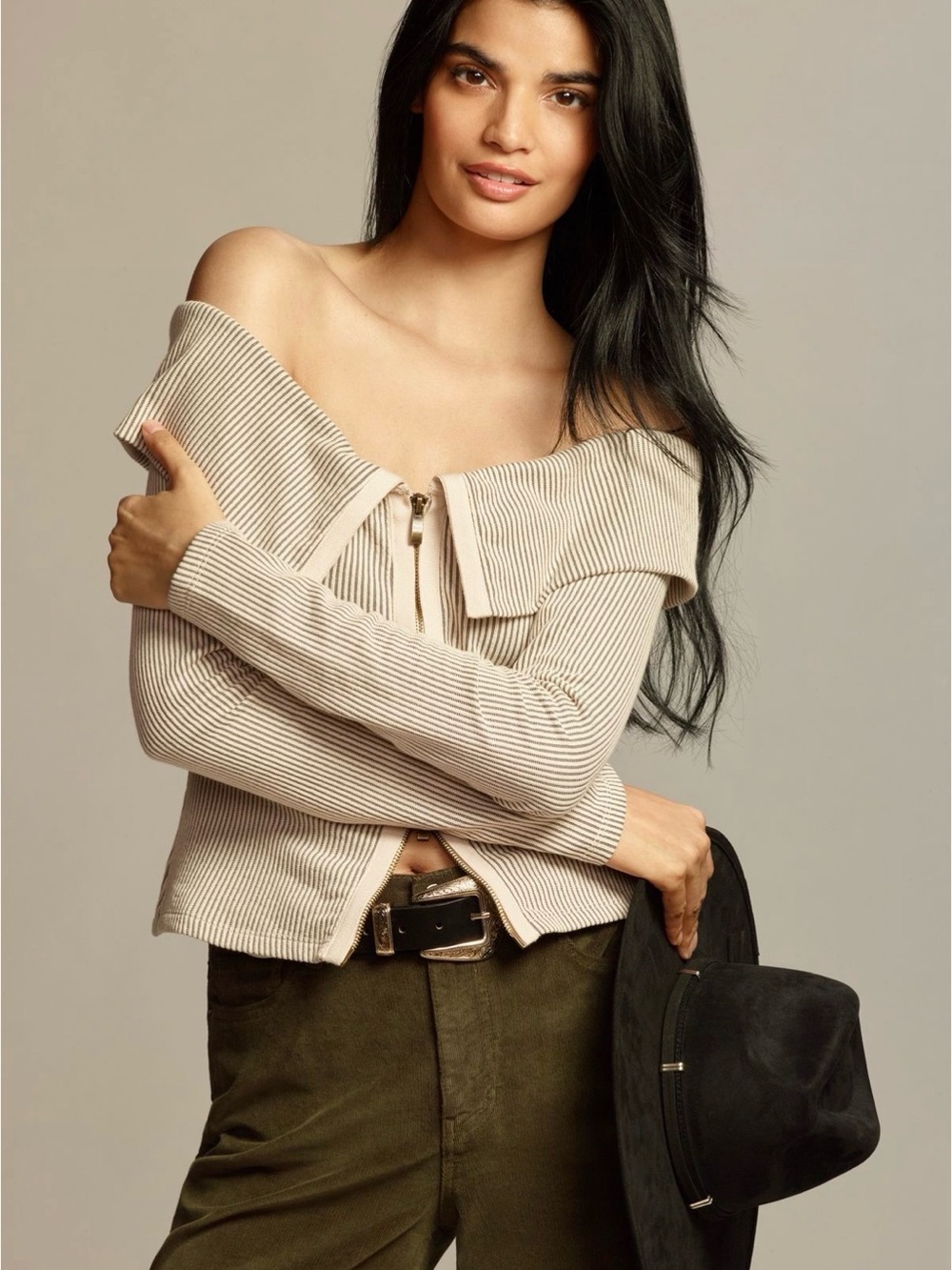 NWOT By Anthropologie Off-Shoulder Ribbed Double Zip Front Sweater - Sz M